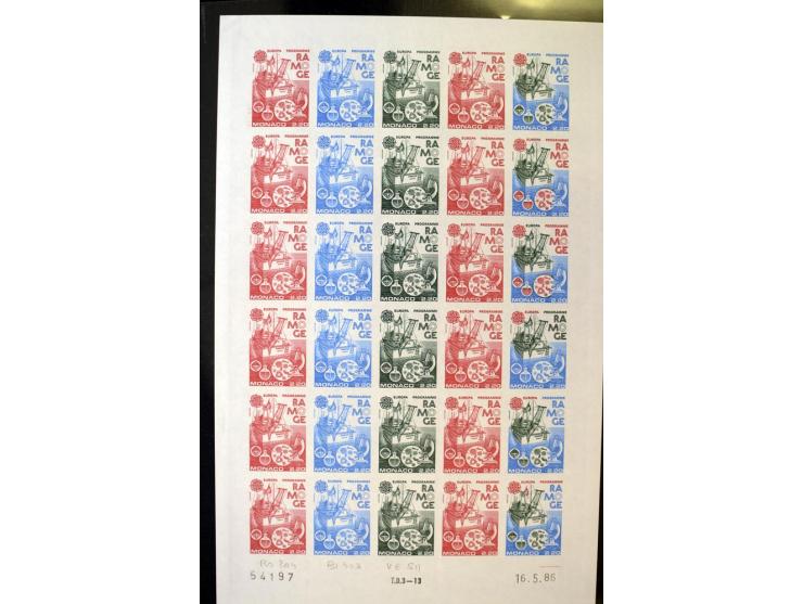 1962/91, ungezähnte Farbprobedrucke in kompletten Bogen, nur komplette CEPT-Ausgaben, postfrisch, 2 Stück mit Stempel des Pos