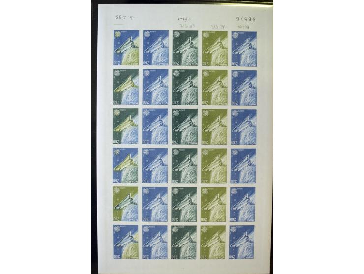 1962/91, ungezähnte Farbprobedrucke in kompletten Bogen, nur komplette CEPT-Ausgaben, postfrisch, 2 Stück mit Stempel des Pos