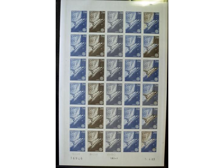 1962/91, ungezähnte Farbprobedrucke in kompletten Bogen, nur komplette CEPT-Ausgaben, postfrisch, 2 Stück mit Stempel des Pos