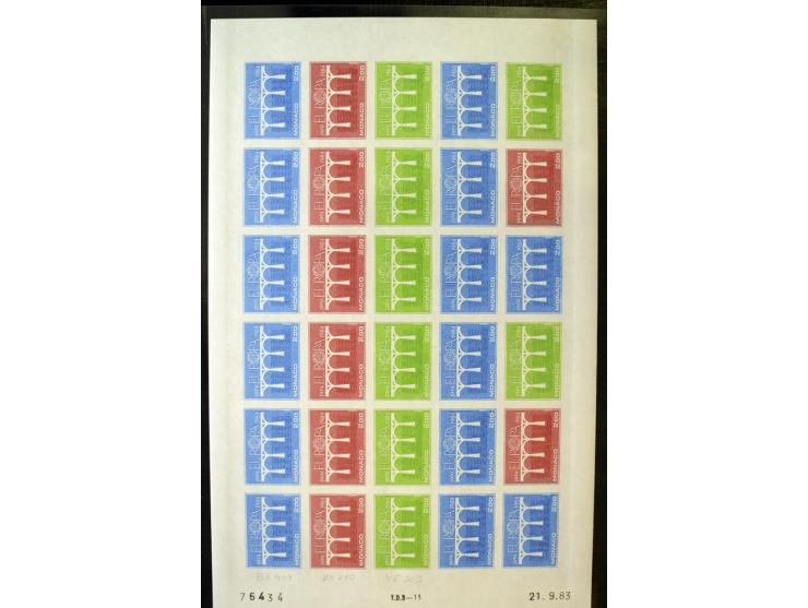 1962/91, ungezähnte Farbprobedrucke in kompletten Bogen, nur komplette CEPT-Ausgaben, postfrisch, 2 Stück mit Stempel des Pos