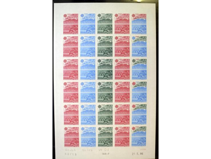 1962/91, ungezähnte Farbprobedrucke in kompletten Bogen, nur komplette CEPT-Ausgaben, postfrisch, 2 Stück mit Stempel des Pos