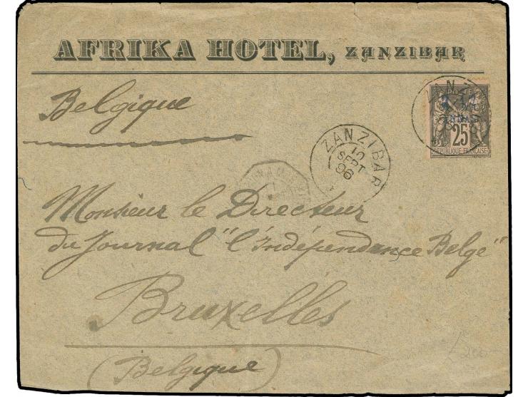 1894, 2½ a. on 25c. on lilacrose with cds. "ZANZIBAR 10 SEPT 96" on cover with Hotel Advertising on reverse to Brussels, smal
