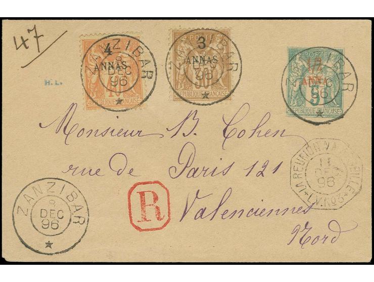 3.a on 30c. brown and 4a. on 40c. on chamois tied by cds. "ZANZIBAR 8 DEC 96" to registered postal stationery envelope ½a. on