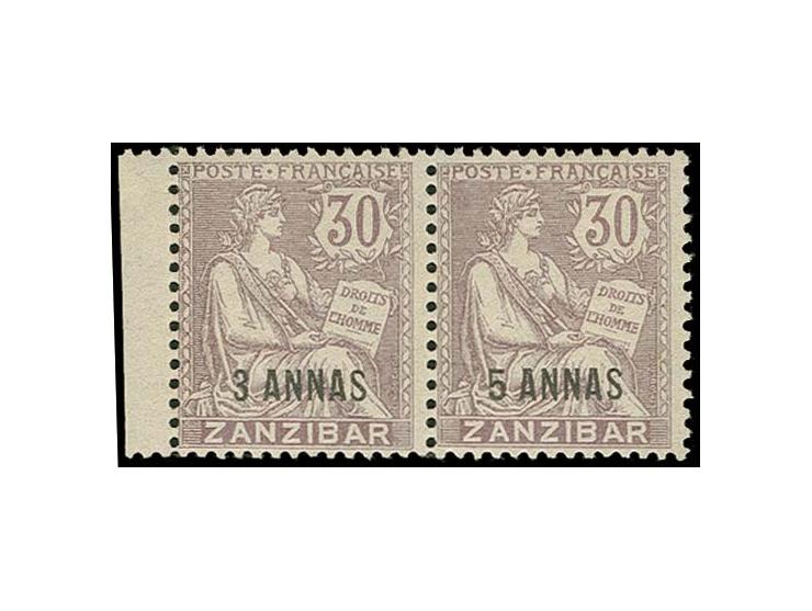 1902/03, Overprint error 5 ANNAS on 30 c. in horizontal pair with normal stamp, unused o.g., fine and scarce (Yvert 57A)