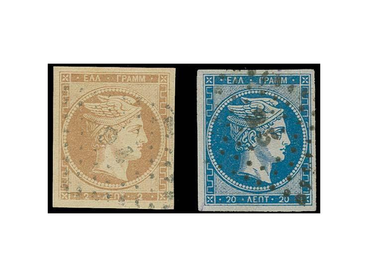 1861, first Athens printing 2 l. bistre and 20 l. blue on bluish both with white margins and neatly cancelled, very fine, cer