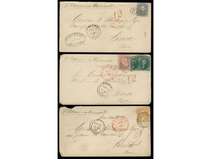1861, drei Briefe mit teils besseren Frankaturen nach Lima, Frankatur teils beschädigt