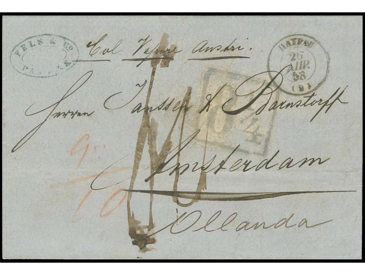 1858, entire letter from "PATRAS 26 APR 58" to Amsterdam, showing boxed German tax stamp "8¼" (sgr.) for the conveyance from 