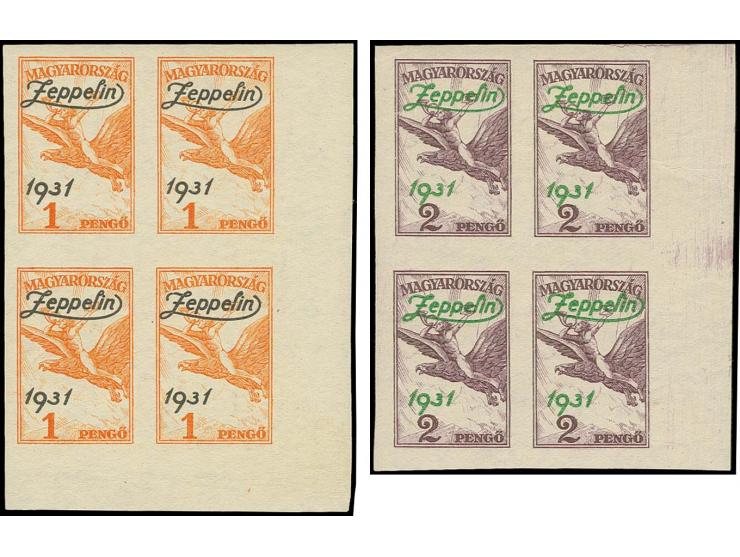 1931, Zeppelin 1-2p. in marginal blocks of 4, unmounted mint, 1p. natural gum flaw, very fine and scarce; each certificate Br