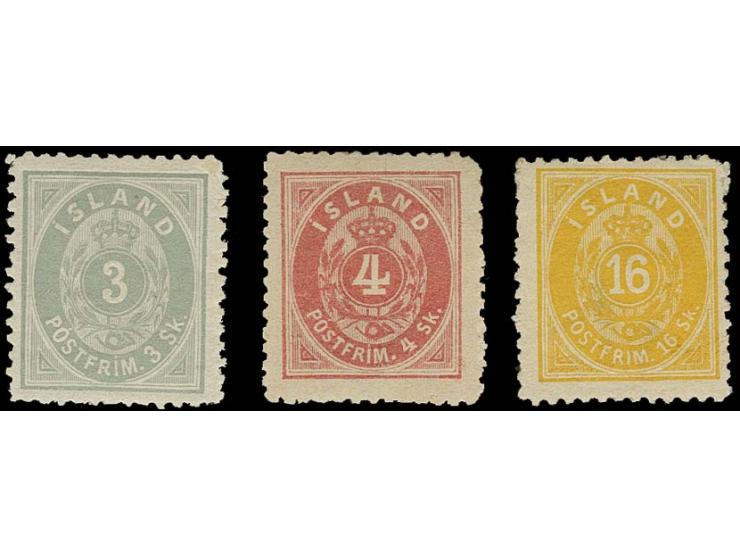 3, 4 and 16 sk. perforated 12½, unused o.g., fine/very fine (Facit 5-7)