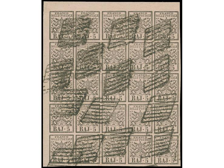 1852, 1. issue 5 baj. on rose, block of 25, fresh colour and wide margins all around with sheet margins at top and left, used