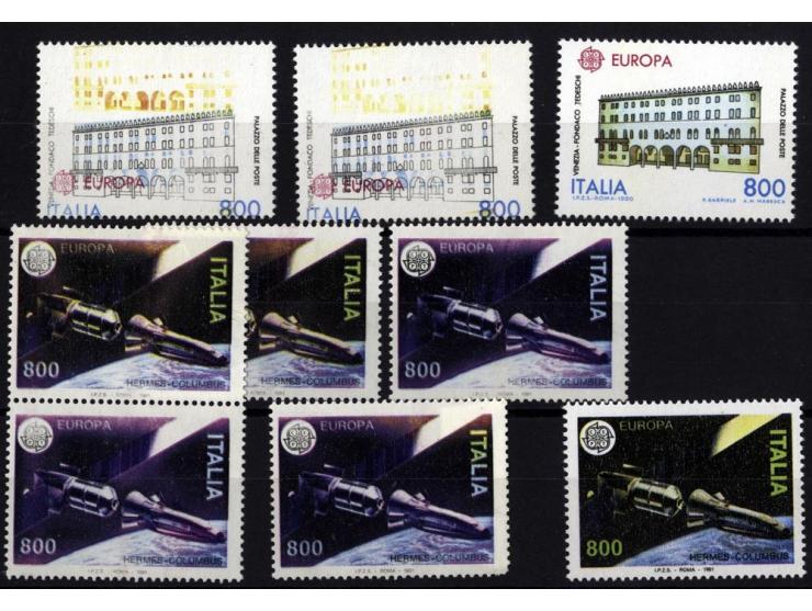 1990, CEPT 800 l., 2 copies with heavily shifted colours and 1991, 800 l., 5 copies with missing yellow colour and partly oth