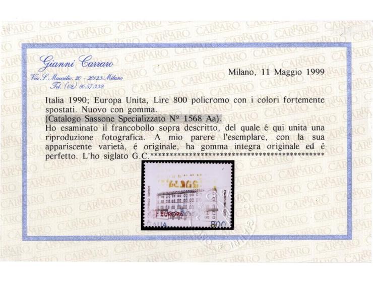 1990, CEPT 800 l., 2 copies with heavily shifted colours and 1991, 800 l., 5 copies with missing yellow colour and partly oth