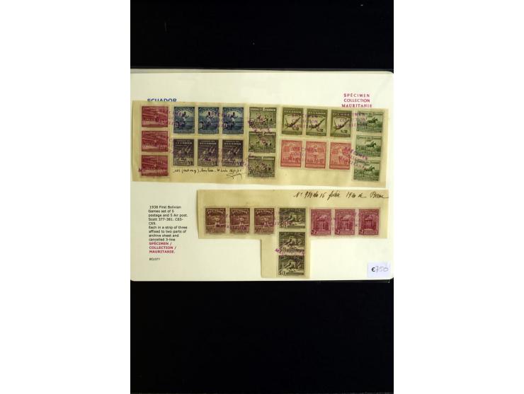 SPORT: 1938/41, SPECIMEN COLLECTION MAURITANIE, Costa Rica Mi.-Nr. 258-67, Ecuador Nr. 408-17 und Sowjetunion Nr. 753-57, in 
