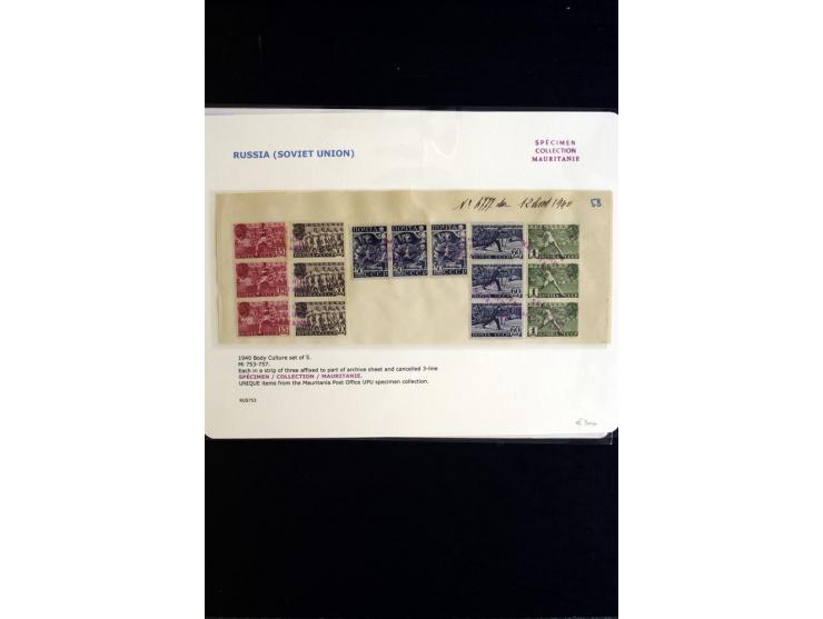 SPORT: 1938/41, SPECIMEN COLLECTION MAURITANIE, Costa Rica Mi.-Nr. 258-67, Ecuador Nr. 408-17 und Sowjetunion Nr. 753-57, in 