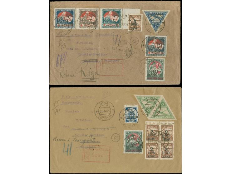 1921, Red cross 2 r. on 20 k.- 2 r. on 1 r. with additional franking on two registered airmail covers from Riga to Gand and r