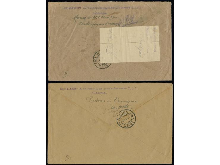 1921, Red cross 2 r. on 20 k.- 2 r. on 1 r. with additional franking on two registered airmail covers from Riga to Gand and r