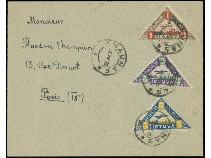 1922, Airmail 1-5a. tied by cds. "KAUNAS 16 VII 22" to first day cover to Paris, vertical fold, otherwise fine