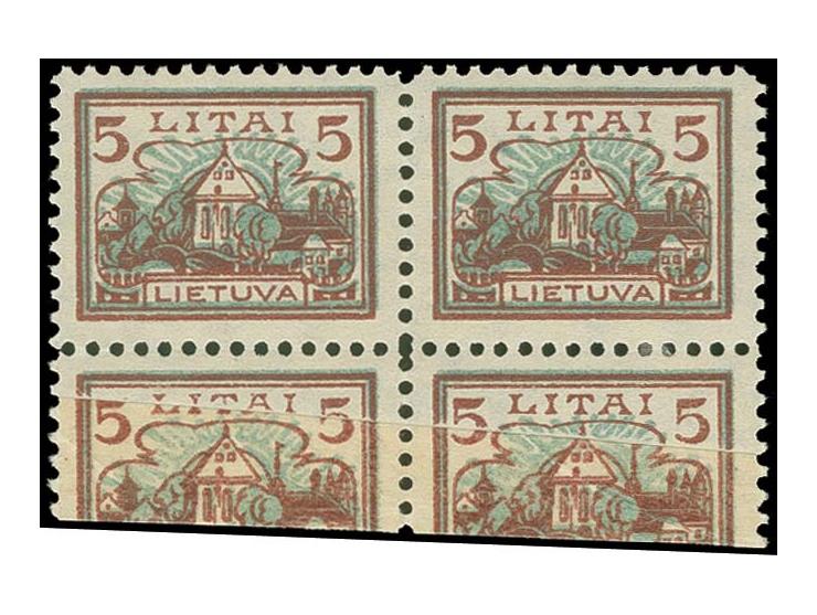 1923, St. George Church 5 lt. as block of four, the lower "pair" with a large paper fold and therefore printed on the gumside
