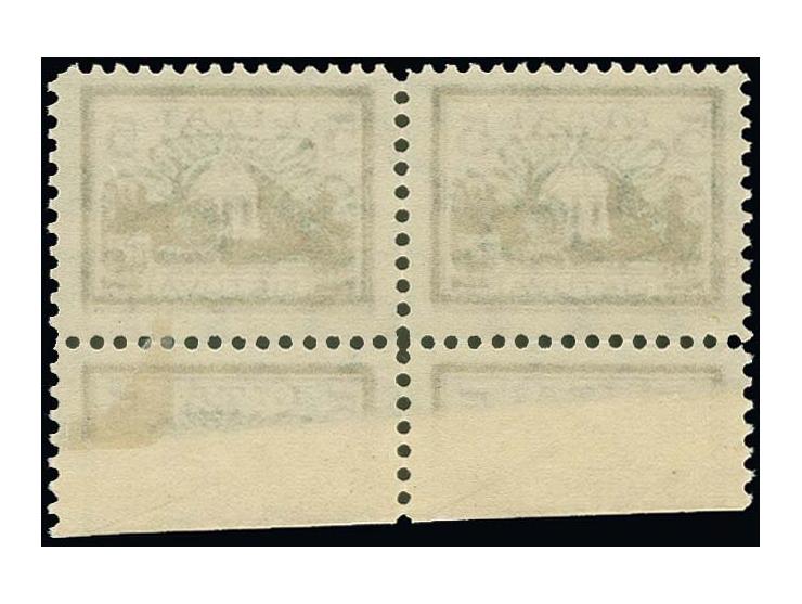 1923, St. George Church 5 lt. as block of four, the lower "pair" with a large paper fold and therefore printed on the gumside