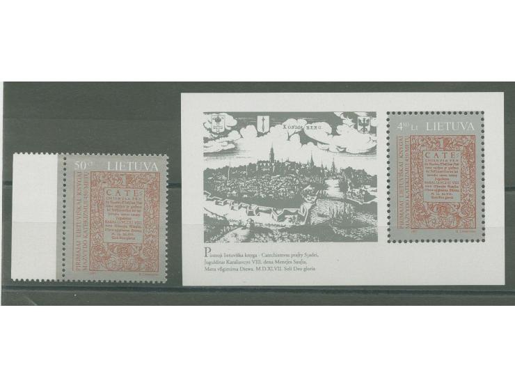 1997, 450th Anniversary of lithuanian books, 50 ct. singel stamp and souvenir sheet 4,80 lt. with wrong inscription, mint nev