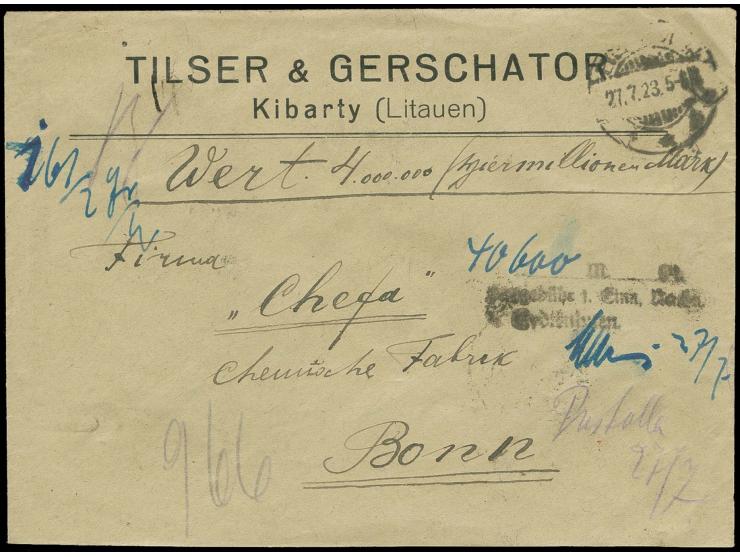 Insured letter for 4.000.000 Mark to Bonn, brought from Kybartai to Eydtkuhnen to avoid currency control, dispatched in "EYDT