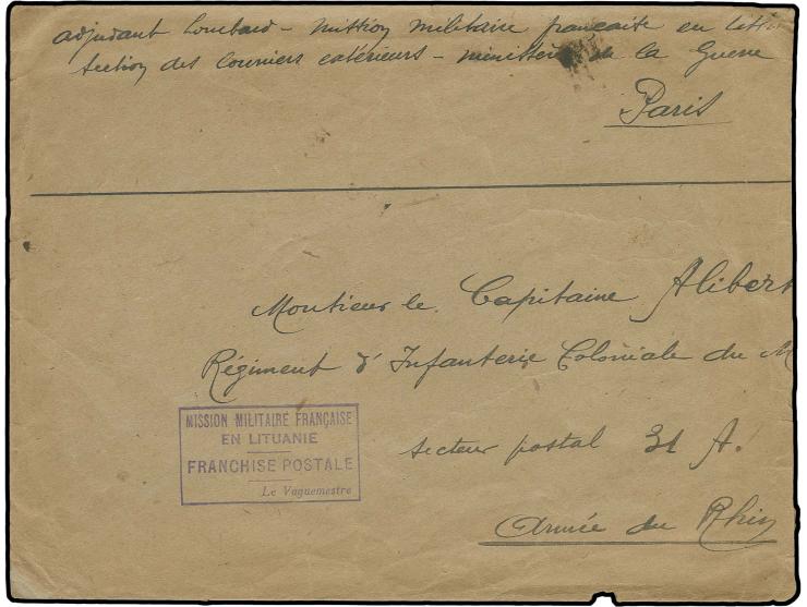 "MISSION MILITAIRE FRANCAISE EN LITUANIE FRANCHISE POSTALE Le Vaguemestre", boxed cancellatiion on cover from Adjudant Lombar