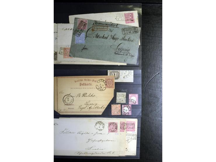 1868/71, überwiegend gestempelte Partie mit etlichen Briefen, Karten und Ganzsachen, dabei nachverwendete Stempel, Reco, Bunt