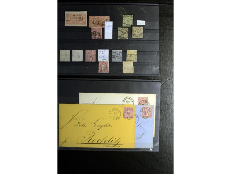 1868/71, überwiegend gestempelte Partie mit etlichen Briefen, Karten und Ganzsachen, dabei nachverwendete Stempel, Reco, Bunt