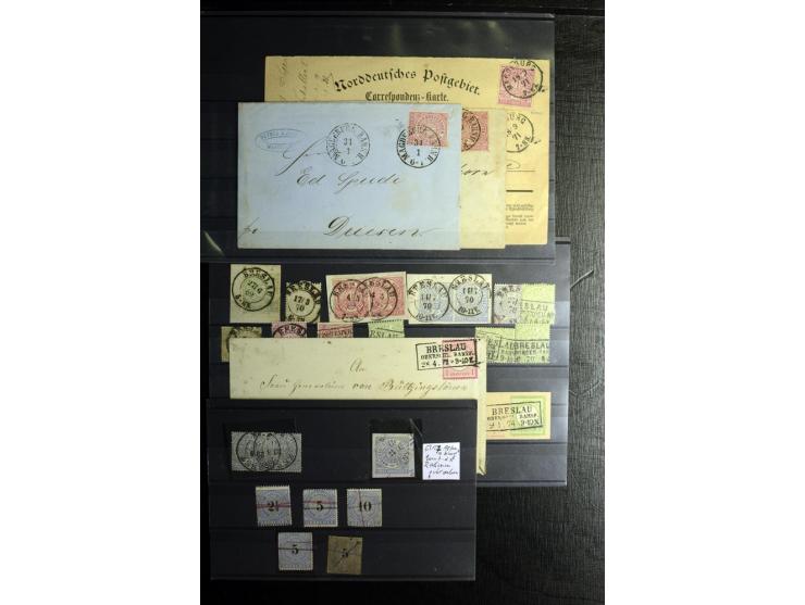 1868/71, überwiegend gestempelte Partie mit etlichen Briefen, Karten und Ganzsachen, dabei nachverwendete Stempel, Reco, Bunt