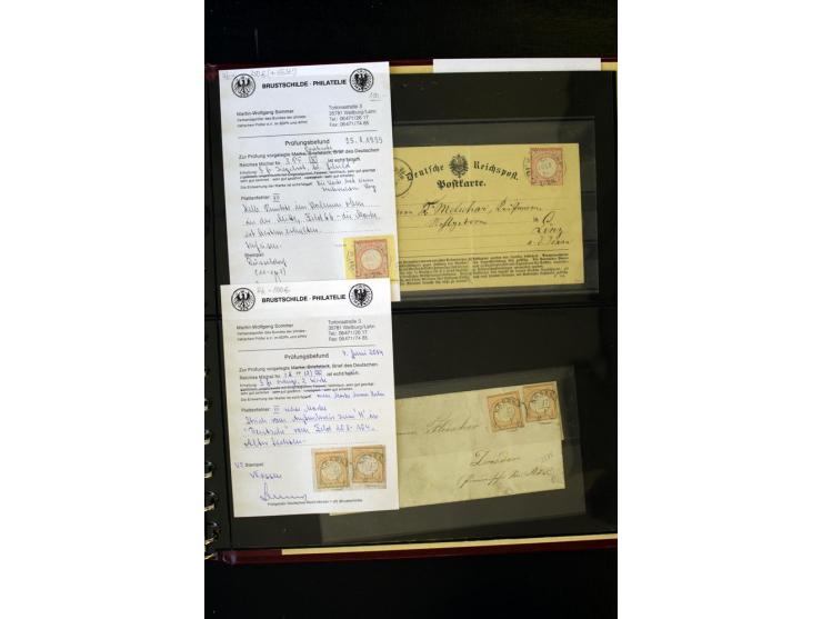 1872/74, Brustschilde-Spezialsammlung, überwiegend gestempelt, mit über 200 Einzelmarken/Briefstücken und ca. 42 Briefen/Kart