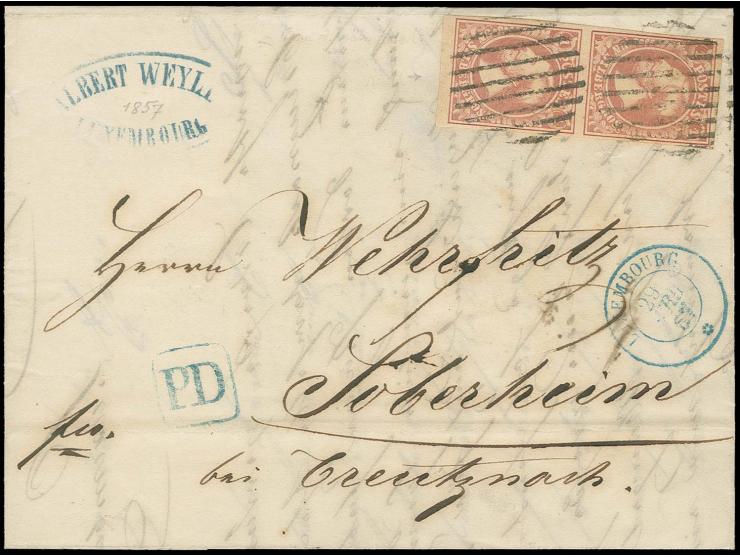 1852, Wiliam 1 sgr. rose, vertical pair, good to wide margins, tied by grid to entire letter from "LUXEMBOURG 29 AVRIL 57" to