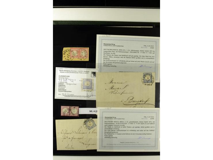 1872/75, Brustschilde-Hufeisenstempel-Sammlung mit ca. 90 Einzelmarken/Briefstücken und 37 Briefen/Karten, dabei viele besser