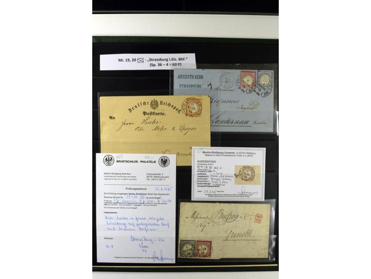 1872/75, Brustschilde-Hufeisenstempel-Sammlung mit ca. 90 Einzelmarken/Briefstücken und 37 Briefen/Karten, dabei viele besser