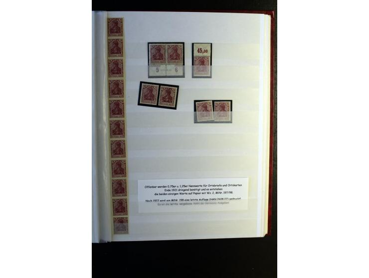 1920/1922, umfangreiche Spezial-Sammlung der Germania-Ausgabe (Mi.-Nr. 140-157 + 197-198) inkl. der Aufdruckausgaben von Saar