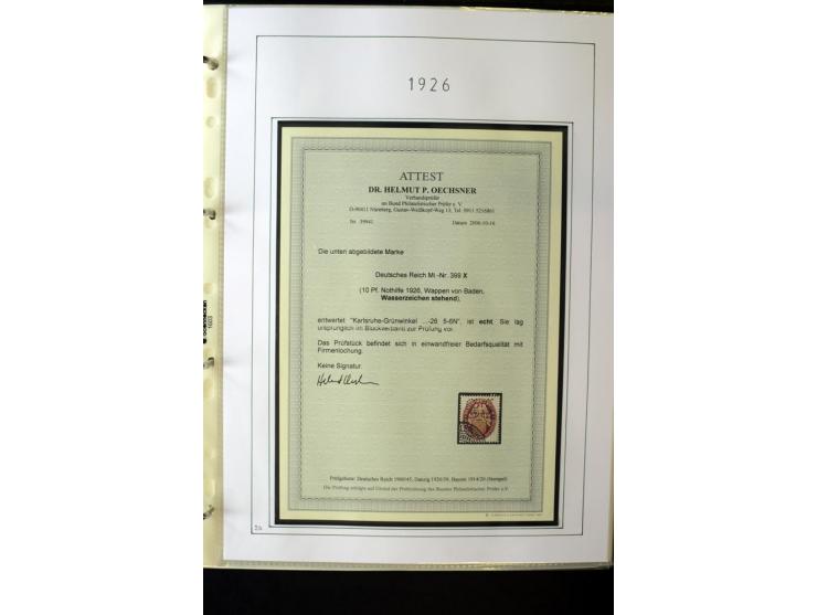 1923/45, gestempelte kpl. Sammlung mit u.a. Mi.-Nr. 346y, 356Xx, 357Xx, 393Y, 398X, 399X (Firmenlochung), 452b, Bl.2 (fleckig