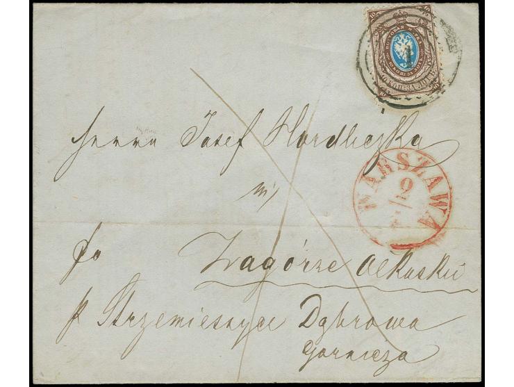 RUSSIA USED IN POLAND: 1858, 10 K. brown/blue tied by numeral "1" with adjacent red "WARSAWA"  to folded letter, upper right 