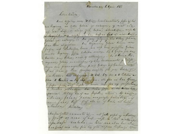 RUSSIA USED IN POLAND: 1858, 10 K. brown/blue tied by numeral "1" with adjacent red "WARSAWA"  to folded letter, upper right 