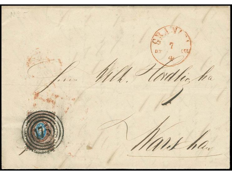 Russia 1858, 10 k. with clear ring cancellation "175" on folded entire letter from Granitza to Warsaw, weak receiver cancella