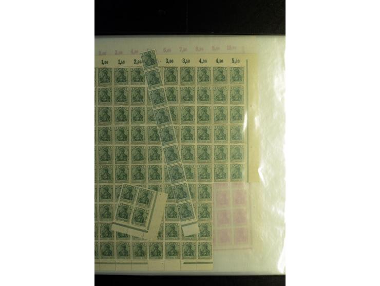 BOGEN- UND ENGROS-WARE: 1915/19, Germania 3-80 Pfg., 100 postfrische Sätze, dabei Bogen und Bogenteile (Mi.-Nr. 84-93)