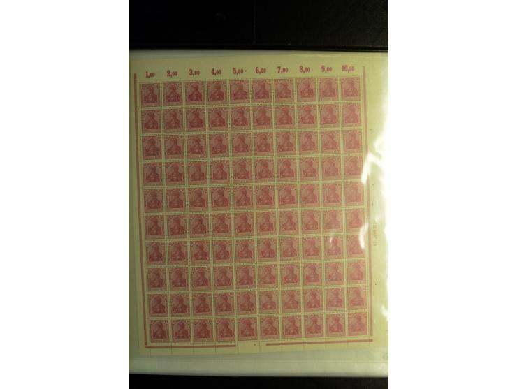 BOGEN- UND ENGROS-WARE: 1915/19, Germania 3-80 Pfg., 100 postfrische Sätze, dabei Bogen und Bogenteile (Mi.-Nr. 84-93)