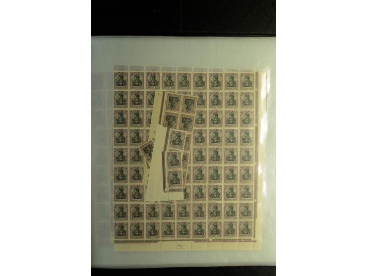 BOGEN- UND ENGROS-WARE: 1915/19, Germania 3-80 Pfg., 100 postfrische Sätze, dabei Bogen und Bogenteile (Mi.-Nr. 84-93)