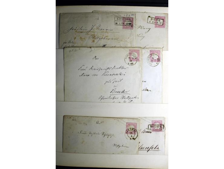 1872/1875, Album mit ca. 190 Brustschild-Frankaturen und Ganzsachen, dabei R-Briefe, Wert- und Paketbegleitbriefe, interessan