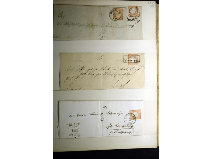 1872/1875, Album mit ca. 190 Brustschild-Frankaturen und Ganzsachen, dabei R-Briefe, Wert- und Paketbegleitbriefe, interessan