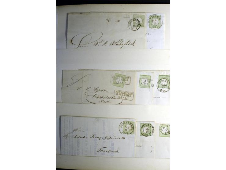 1872/1875, Album mit ca. 190 Brustschild-Frankaturen und Ganzsachen, dabei R-Briefe, Wert- und Paketbegleitbriefe, interessan