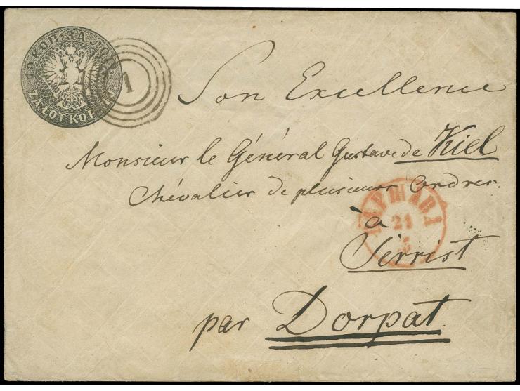 Envelope 10 K. with numeral "1" and adjacent red "ВАРШАВА 21 3", addressed to Dorpat (Tartu), with intact wax seal on back, s