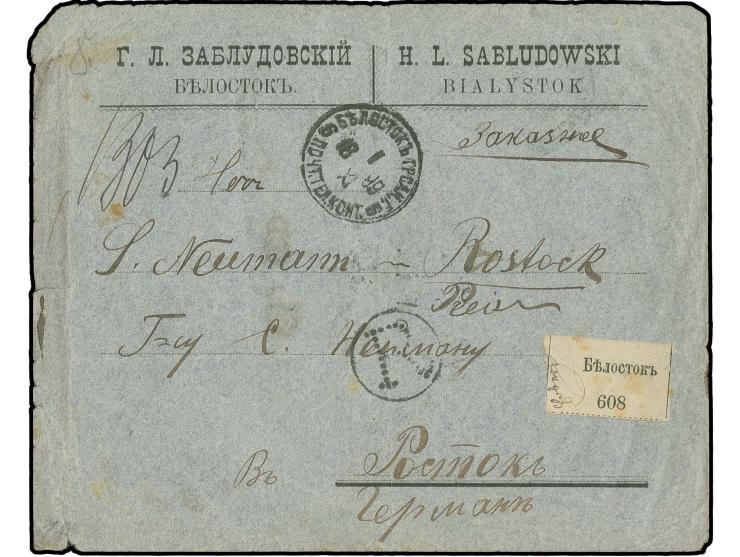 "Bialystok", provisional white label on registered cover franked with two 7 k. blue and others, addressed to Rostock, several