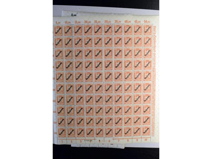 1924, Schlangenaufdruck 3-80 Pfg., 100 Sätze kpl. in Bogen bzw. Bogenteilen (Mi.-Nr. D105-13; Mi. ohne Bewertung von HAN etc.