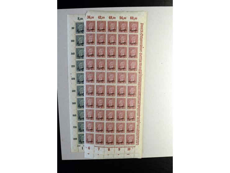 1924, Schlangenaufdruck 3-80 Pfg., 100 Sätze kpl. in Bogen bzw. Bogenteilen (Mi.-Nr. D105-13; Mi. ohne Bewertung von HAN etc.