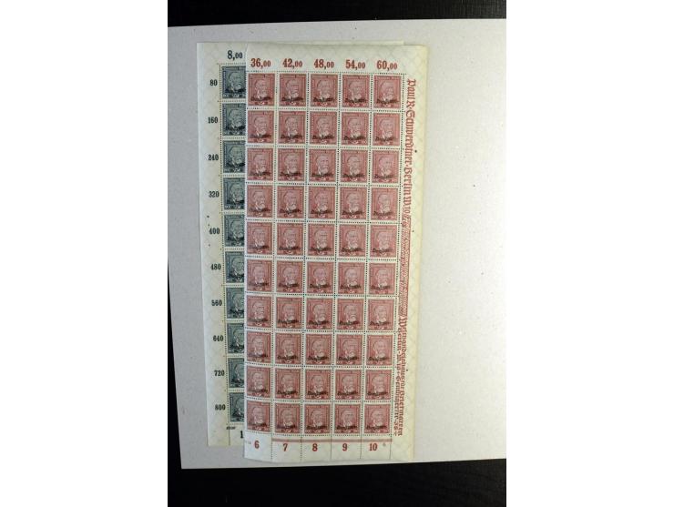 1924, Schlangenaufdruck 3-80 Pfg., 100 Sätze kpl. in Bogen bzw. Bogenteilen (Mi.-Nr. D105-13; Mi. ohne Bewertung von HAN etc.