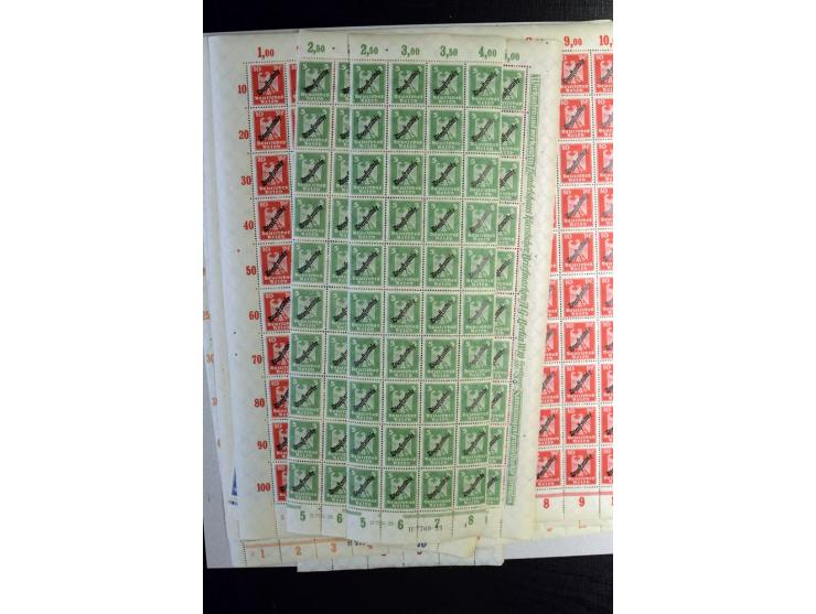1924, Schlangenaufdruck 3-80 Pfg., 100 Sätze kpl. in Bogen bzw. Bogenteilen (Mi.-Nr. D105-13; Mi. ohne Bewertung von HAN etc.